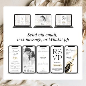 Digital engagement invitation website pages preview, elegant Canva template with RSVP, countdown, event details, and thank you page, share via text message WhatsApp or email invitation