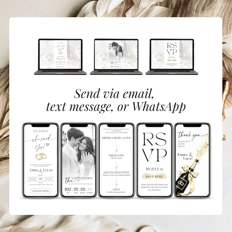 Digital engagement invitation website pages preview, elegant Canva template with RSVP, countdown, event details, and thank you page, share via text message WhatsApp or email invitation