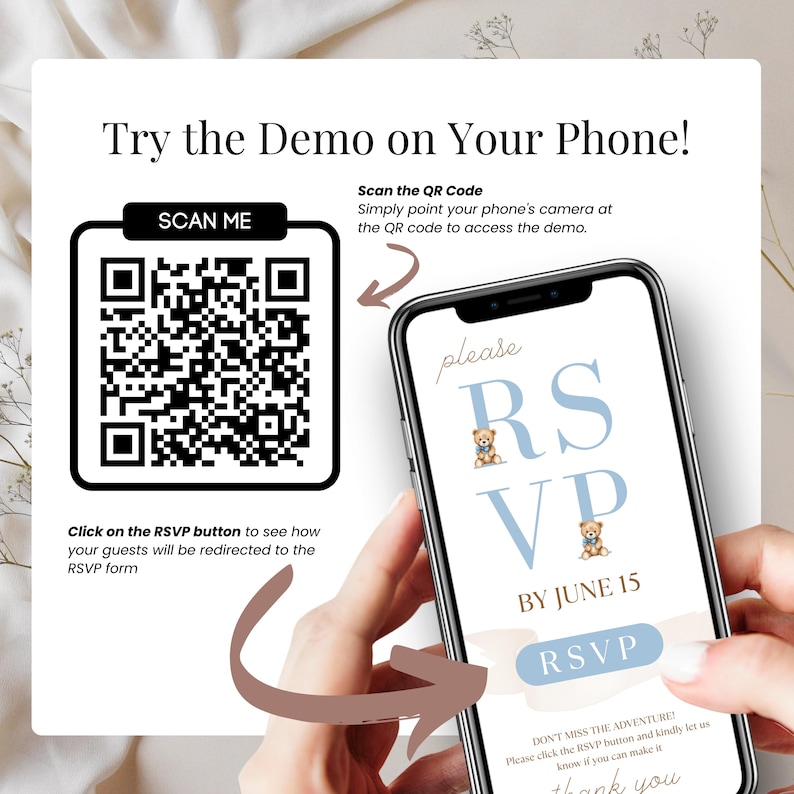 Try the Baby Shower Invitation Demo on Phone – Boy Blue Teddy Bear Invite Website with clickable RSVP. Mobile preview of editable Canva invitation + Google Form. Scan QR code to test live template. Digital baby shower invite for baby boy, modern “We Can Bearly Wait” theme with balloons and elegant typography, perfect for instant send and online event hosting.