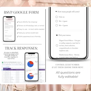 RSVP Google Form tracking – editable blush pink wedding invitation with response charts and customizable questions. Perfect digital wedding invite for modern couples.