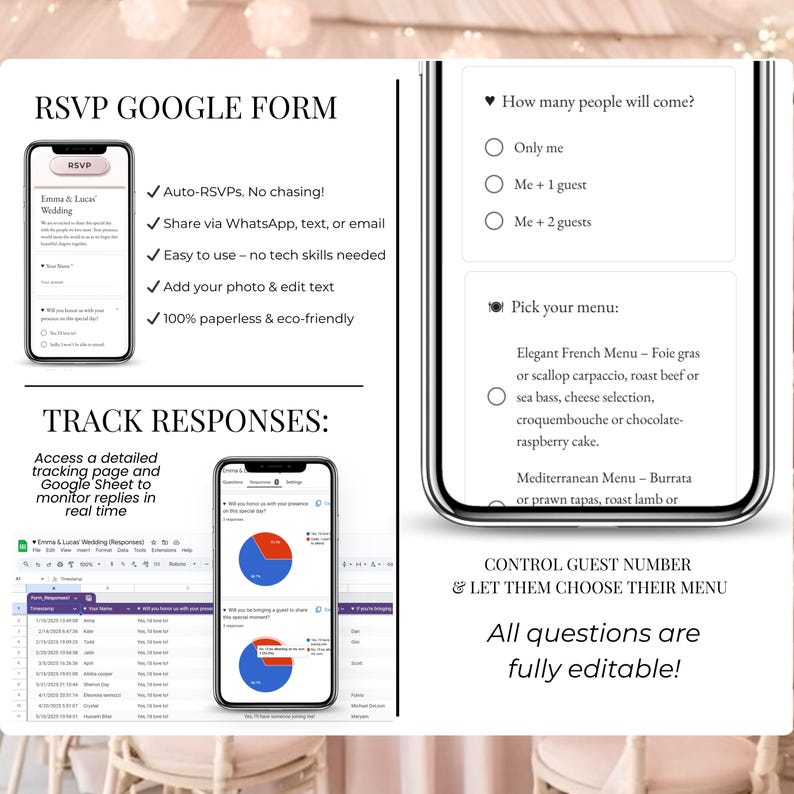 RSVP Google Form tracking – editable blush pink wedding invitation with response charts and customizable questions. Perfect digital wedding invite for modern couples.