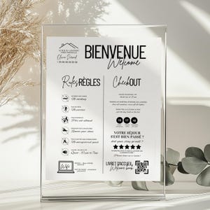 Affiche Bienvenue Airbnb Bilingue Français Anglais – Airbnb Welcome Sign – Règles Maison & Check-out – Template Canva