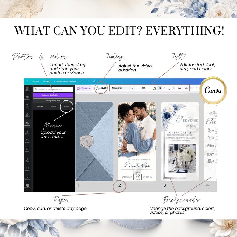 Fully editable Dusty Blue Wedding Invitation in Canva. Customize photos, videos, music, fonts, colors, timing, backgrounds and pages to create a unique animated wedding invitation video.