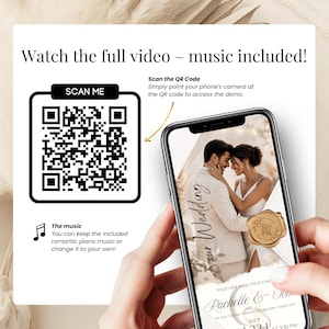 Wedding Video Invitation Canva Template with QR code demo, romantic piano music included, animated wedding invitation, editable digital wedding card, elegant ivory and gold wedding design, mobile-friendly wedding video invite.