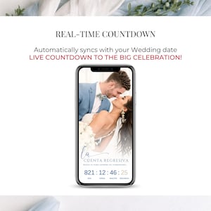 May include: A smartphone displays a wedding countdown app with a photo of a couple kissing. The app shows the text "REAL-TIME COUNTDOWN" and "LIVE COUNTDOWN TO THE BIG CELEBRATION!" The countdown timer reads 821 days, 12 hours, 46 minutes, and 25 seconds.
