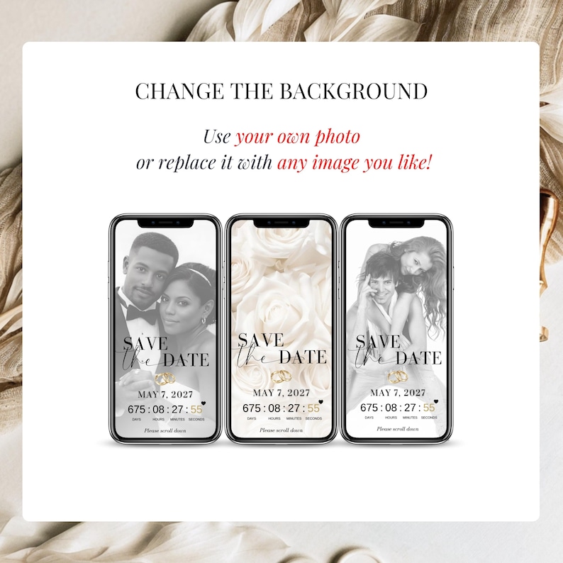 Editable background options for digital wedding invitation in Canva, showing customization of images and design for Save the Date wedding invite.