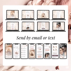 Send online digital wedding invitation by email or text, multiple page designs showcased, animated blush pink theme, editable Canva template with RSVP link, instant sharing for guests, wedding website preview.