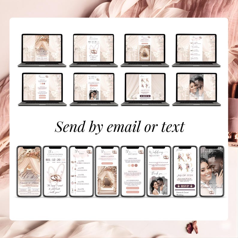 Send online digital wedding invitation by email or text, multiple page designs showcased, animated blush pink theme, editable Canva template with RSVP link, instant sharing for guests, wedding website preview.