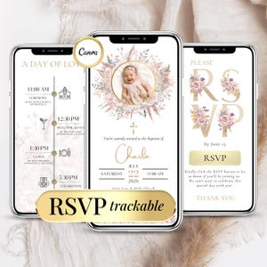 Baptism Invitation Template Girl – Faire-part Baptême Fille à Personnaliser, Invitation Digitale Florale et RSVP Cliquable et Suivi Réponses