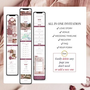 All in one interactive wedding website invitation Canva template featuring love story, venue details, wedding timeline, RSVP form, FAQ section and registry links in elegant blush pink design