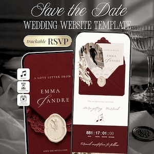 May include: A digital wedding website template displayed on two smartphones, featuring a deep burgundy color scheme, elegant serif typography, a wax seal graphic with a floral motif, and interactive elements like a countdown timer and RSVP.