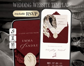 Könnte beinhalten: Eine digitale Hochzeits-Website-Vorlage auf zwei Smartphones, mit einem tiefroten Farbschema, eleganter Serifenschrift, einer Wachssiegel-Grafik mit Blumenmotiv sowie interaktiven Elementen wie einem Countdown-Timer und RSVP.