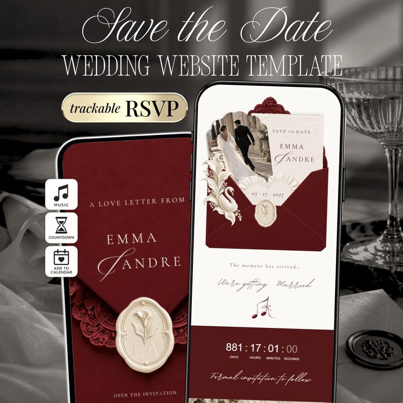 Burgundy lace wedding Save the Date website displayed on tablet and phones with velvet envelope, ivory wax seal, RSVP form and wedding pages. Editable Canva digital wedding invitation with trackable RSVP, Add to Calendar, music and countdown.