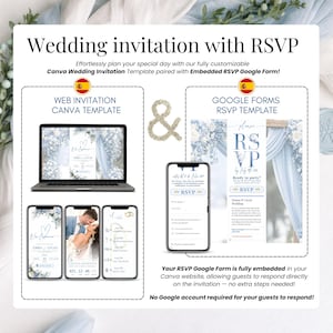 Elegant dusty blue floral wedding website, invitación de boda con RSVP online, boda digital en español con flores azules, plantilla editable en Canva, web de boda moderna con countdown y música personalizada