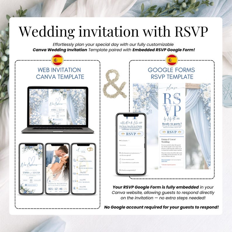 Elegant dusty blue floral wedding website, invitación de boda con RSVP online, boda digital en español con flores azules, plantilla editable en Canva, web de boda moderna con countdown y música personalizada