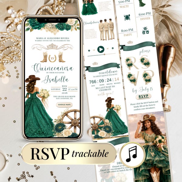 Emerald Green Quinceañera Invitation with RSVP Link, Western Princess Sweet 16 Canva Website Template, Digital Invite Editable