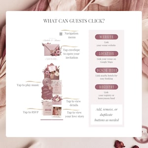 Romantic blush pink wedding website invitation template showing clickable wedding buttons for venue website, Google Maps location, hotel booking links, wedding registry and interactive RSVP features for guests