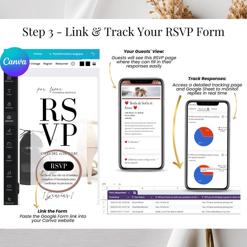 Conecta y rastrea las respuestas de RSVP para tu boda - Invitación digital editable en español - Formulario RSVP online con seguimiento
