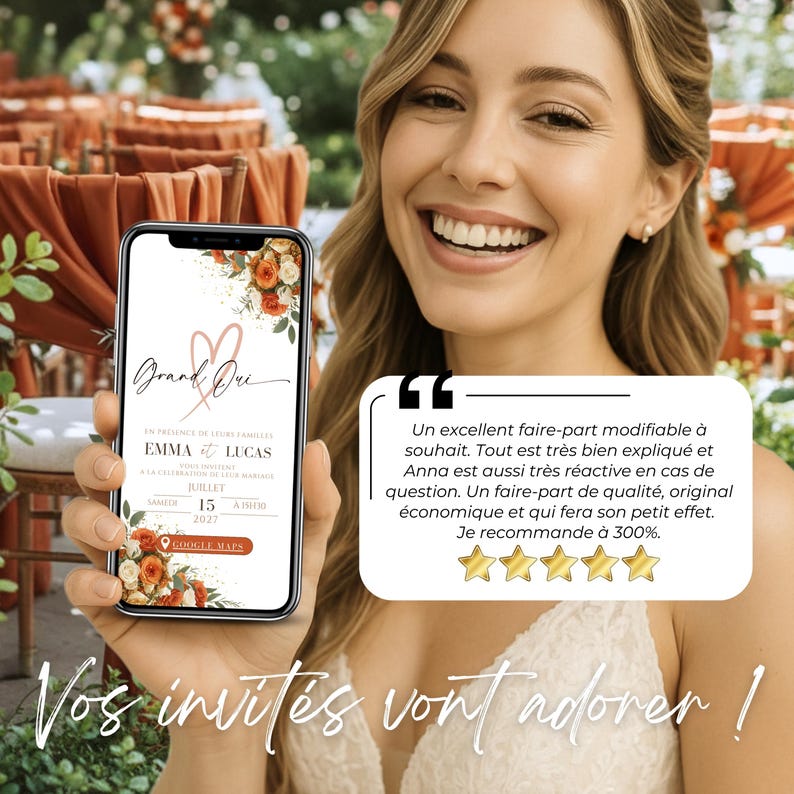 Invitation de mariage numérique élégante terracotta, expérience moderne et émotive pour vos invités sur mobile