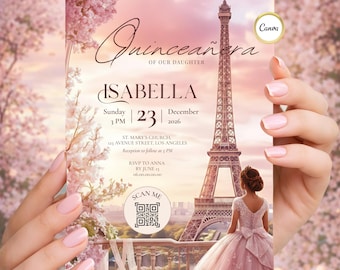 Invitación Quinceañera Editable París, Mis Quince Años Digital, Descarga Instantánea Torre Eiffel Rosa y Oro