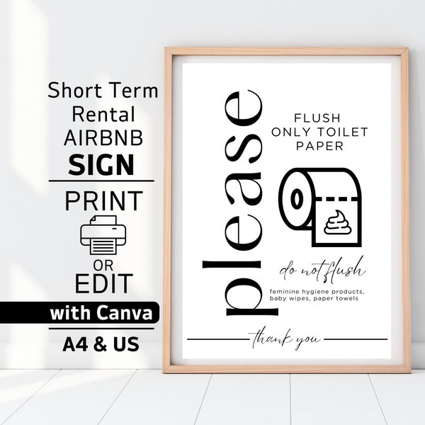 Airbnb Sign Do Not Flush feminine products sign, Toilet Restroom Printable Sign, Airbnb Template, Print or Edit in Canva, BONUS Welcome Sign