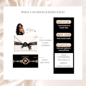 Black lace digital birthday invitation with clickable envelope, music button, Google Maps location, hotel booking and gift registry links. Glam editable Canva birthday website for 30th, 40th, 50th and any age milestone birthday.