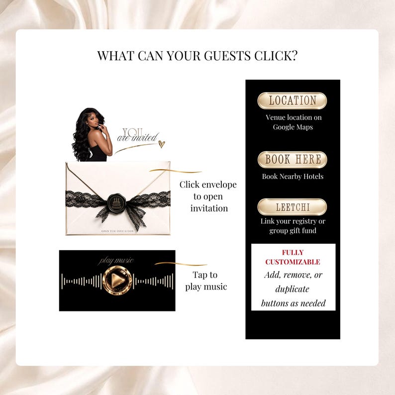 Black lace digital birthday invitation with clickable envelope, music button, Google Maps location, hotel booking and gift registry links. Glam editable Canva birthday website for 30th, 40th, 50th and any age milestone birthday.