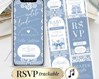 Redigerbar Cielito Lindo babyshowerinbjudan – Blå mexikanskt tema Papel Picado-inbjudan – Digital Talavera-babyinbjudan med OSA-länk