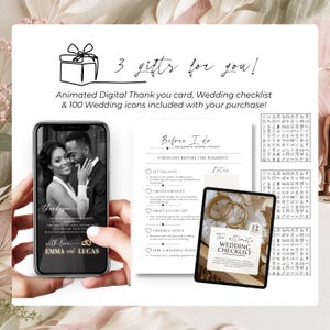Wedding website invitation Canva template bonus bundle including digital thank you card, wedding checklist and wedding icons with editable wedding RSVP invitation purchase