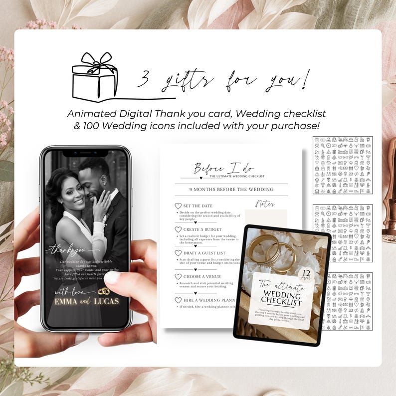 Wedding website invitation Canva template bonus bundle including digital thank you card, wedding checklist and wedding icons with editable wedding RSVP invitation purchase