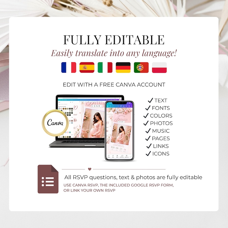May include: A digital template advertisement featuring a laptop and smartphone displaying a customizable event invitation. Text includes FULLY EDITABLE, EDIT WITH A FREE CANVA ACCOUNT, and details regarding editable text, fonts, colors, photos, music, and links.