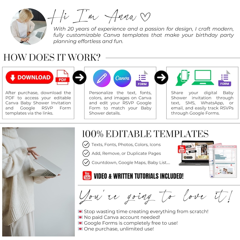 How it works overview for baby shower digital invitation. Heaven Sent blue baby shower invite for baby boy with teddy bear, RSVP tracker, countdown timer and background music.