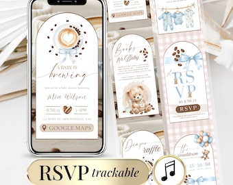 May include: A digital baby shower invitation set displayed on a smartphone screen and printed cards featuring coffee-themed graphics, light blue ribbons, teddy bears, and baby clothing illustrations with text including A Baby is Brewing and RSVP.