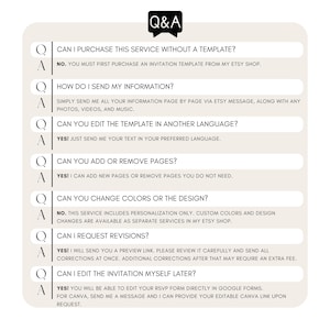 Frequently asked questions about digital invitation editing services including template requirements, page additions and removals, language translation, revisions, Canva editing access and custom design options.