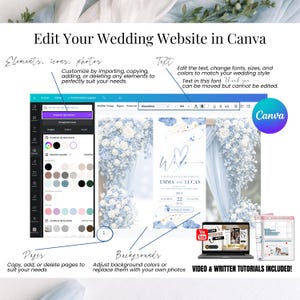 Edit your wedding invitation website in Canva, change colors, text and photos easily, dusty blue digital wedding website template, no design skills required