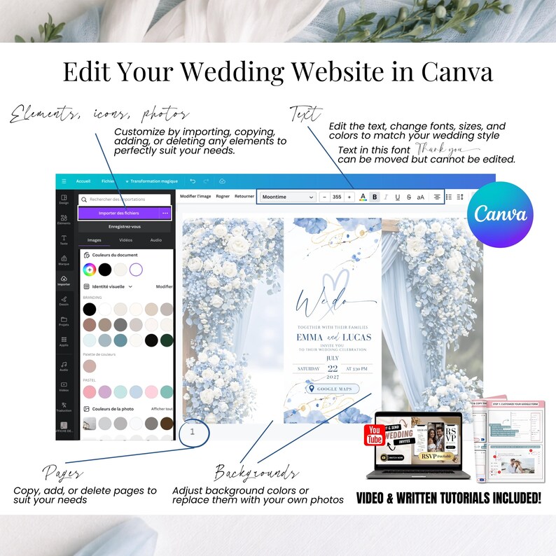 Edit your wedding invitation website in Canva, change colors, text and photos easily, dusty blue digital wedding website template, no design skills required