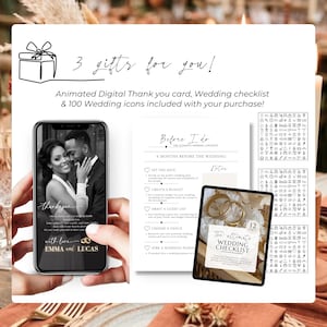 Wedding invitation Canva template bonus gifts, digital thank you card, wedding checklist, wedding icons included, burnt orange wedding invitation RSVP website, terracotta wedding invitation, interactive fall autumn wedding invite