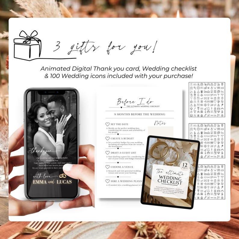 Wedding invitation Canva template bonus gifts, digital thank you card, wedding checklist, wedding icons included, burnt orange wedding invitation RSVP website, terracotta wedding invitation, interactive fall autumn wedding invite