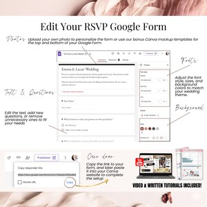 Edit your RSVP Google Form page for digital wedding invitation, fully customizable online RSVP, change text, questions, colors and design, track responses instantly for guests, Canva wedding template with integrated Google Form for modern electronic invitations.
