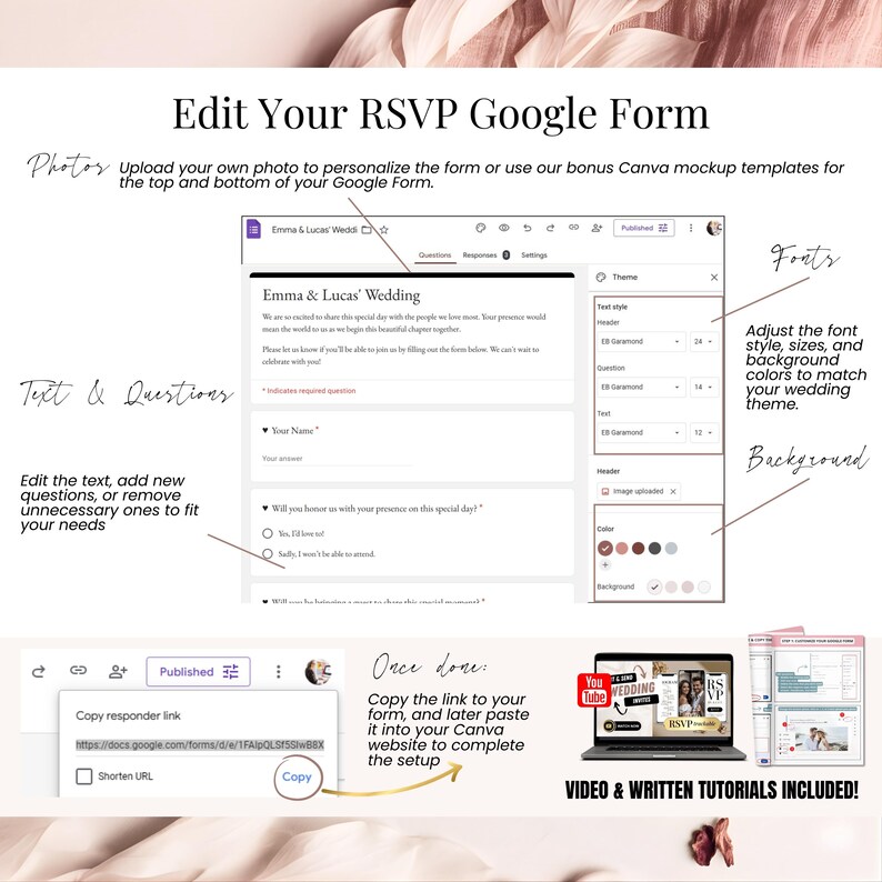 Edit your RSVP Google Form page for digital wedding invitation, fully customizable online RSVP, change text, questions, colors and design, track responses instantly for guests, Canva wedding template with integrated Google Form for modern electronic invitations.