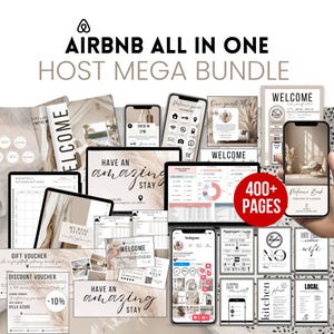 Peut inclure: Un ensemble de produits numériques pour les hôtes Airbnb, comprenant plus de 400 pages de modèles et de guides imprimables. L'ensemble comprend des guides de bienvenue, des livres d'or, des listes de contrôle de nettoyage et plus encore. L'image montre une variété de modèles, y compris un guide de bienvenue, un livre d'or, une liste de contrôle de nettoyage et un bon cadeau.
