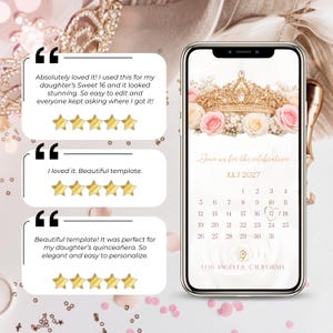 Quinceañera video invitation Canva template customer reviews and testimonials, pink blush gold elegant design, highly rated digital invitation for Sweet 16 or quinceañera, easy to edit video invite, luxury aesthetic for birthday celebration