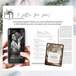 Wedding invitation bonus items included, printable wedding signs and extras, digital wedding invitation Canva template with additional wedding stationery, modern online wedding invitation package