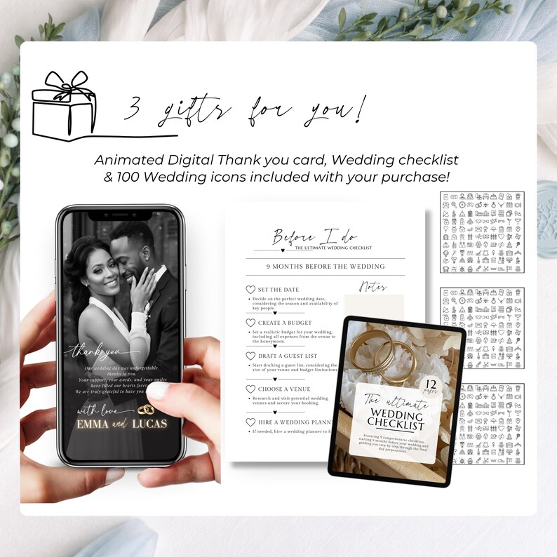 Wedding invitation bonus items included, printable wedding signs and extras, digital wedding invitation Canva template with additional wedding stationery, modern online wedding invitation package