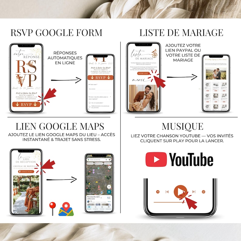 Invitation de mariage numérique avec Google Maps, musique YouTube et liste de mariage, modèle Canva éditable