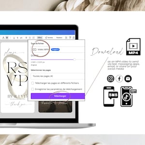 Download your digital wedding invitation as an MP4 video from Canva – perfect for sending via SMS, WhatsApp, email, or sharing on social media like Instagram, Facebook, and TikTok. Editable RSVP page and wedding video invite ready to export in high resolution.
