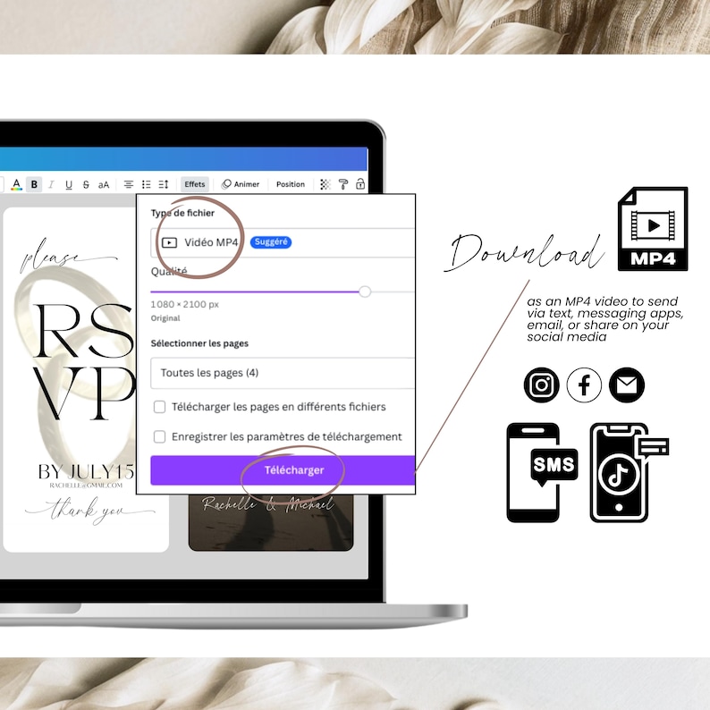 Download your digital wedding invitation as an MP4 video from Canva – perfect for sending via SMS, WhatsApp, email, or sharing on social media like Instagram, Facebook, and TikTok. Editable RSVP page and wedding video invite ready to export in high resolution.