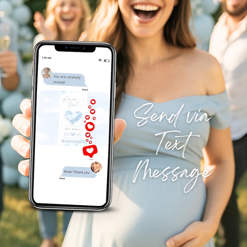 Send baby shower invitation by text or messaging apps. Blue Heaven Sent digital baby shower invite for baby boy with teddy bear, cloud design, RSVP online and mobile-friendly layout.