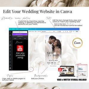 May include: A digital wedding website design displayed on a laptop and phone, with the text "Edit Your Wedding Website in Canva." The design includes a "Save the Date" card with a photo of a couple and the date July 17, 2027.