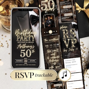 Elegant men’s 50th birthday digital invitation template with online RSVP, countdown, and music option. Black and gold design featuring tuxedo theme, editable in Canva, perfect for milestone birthday party invites. Modern digital birthday evite for him, instant download, customizable for any age with gold number graphics.